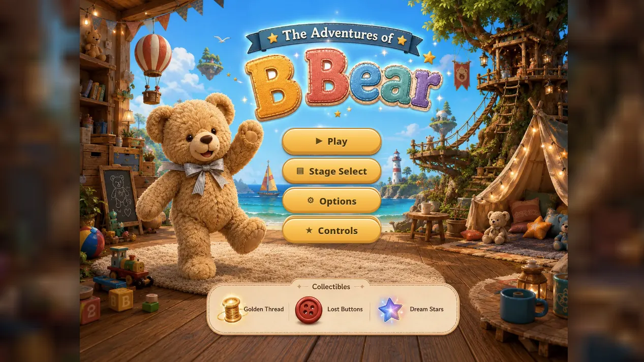 The title screen of a commissioned platformer with a hand-painted bear.