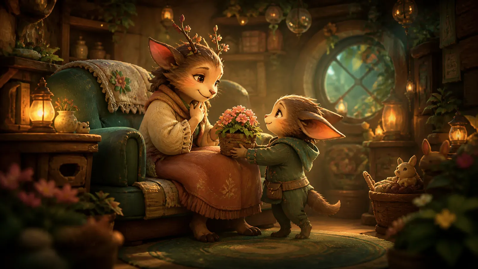 An illustrated child bringing a bunch of flowers to their mother in a warm sitting room.