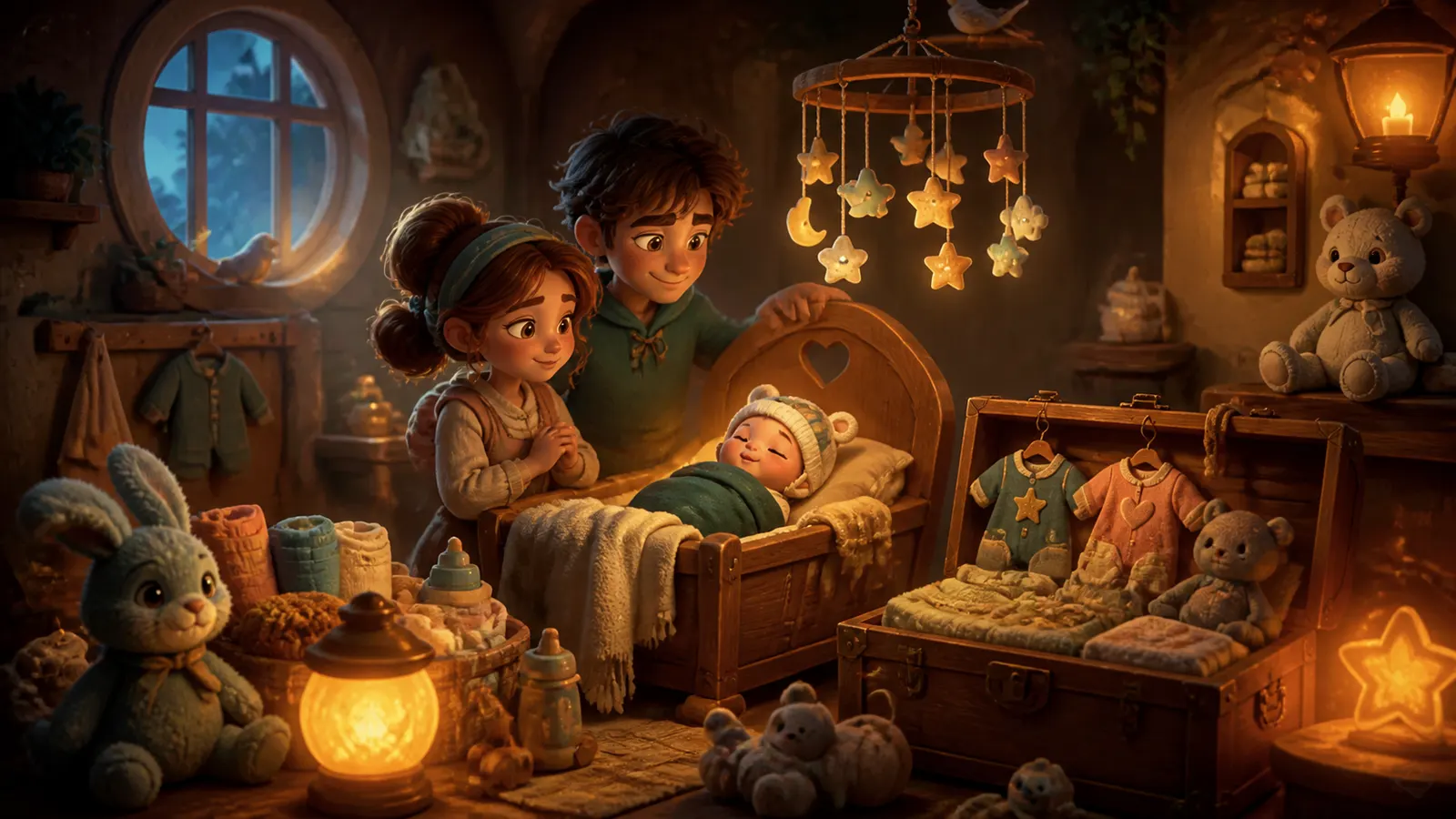 An illustrated pair of new parents beside a crib in a nursery full of soft toys.