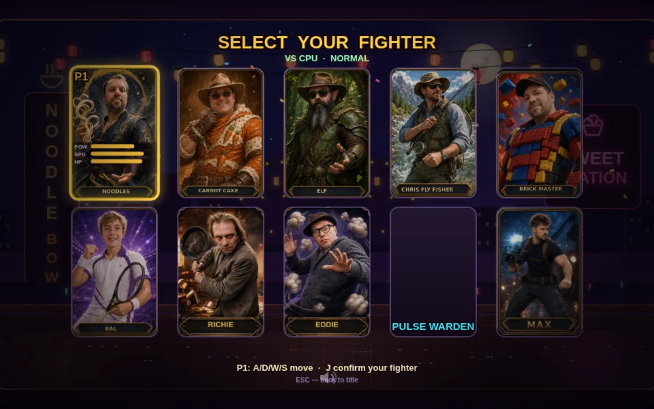 The character select screen from a commissioned fighting game, with hand-painted fighters based on real people.
