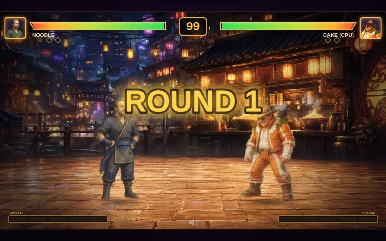 The round one screen of a commissioned fighting game, with two hand-painted fighters squaring up.