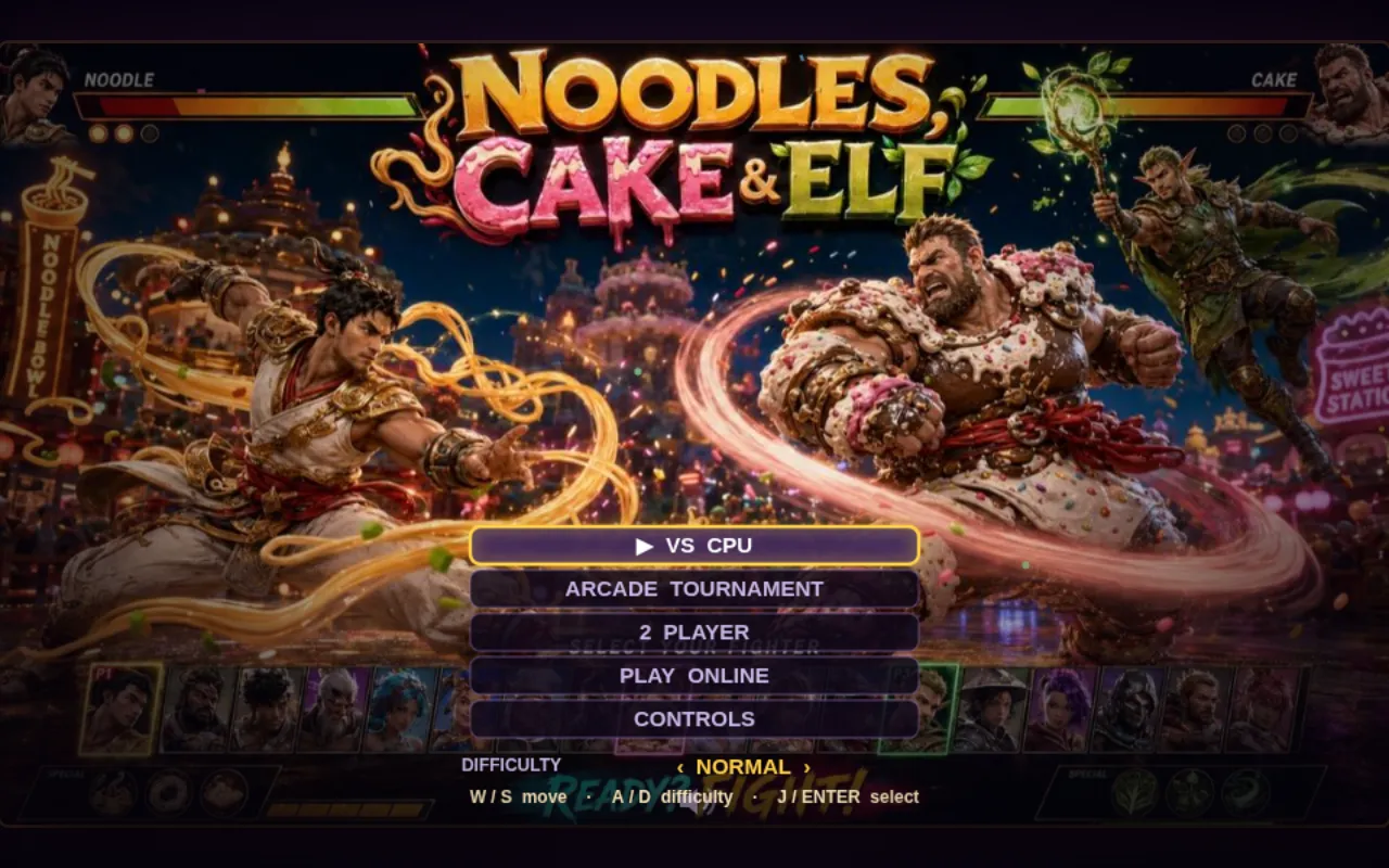 The title screen of a commissioned fighting game with characters based on real people.