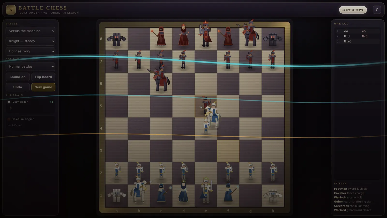 A cavalier landing a lance strike on a footman in Fighting Chess, a custom game where every capture is fought out.