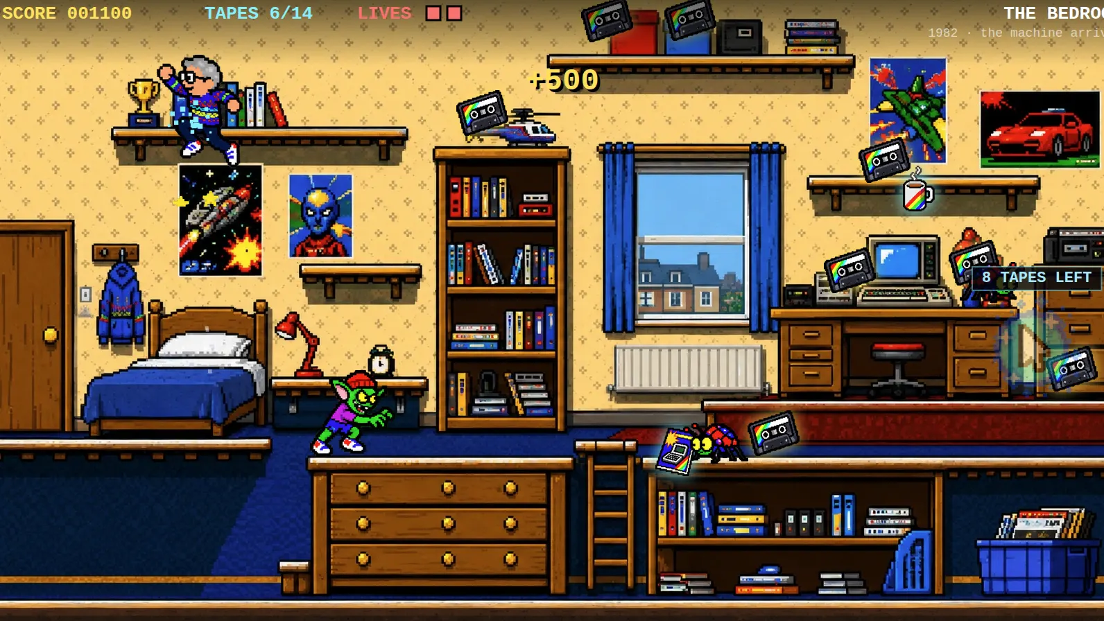 The bedroom level of Tape Loader, with cassettes to collect, a score and a lives counter.
