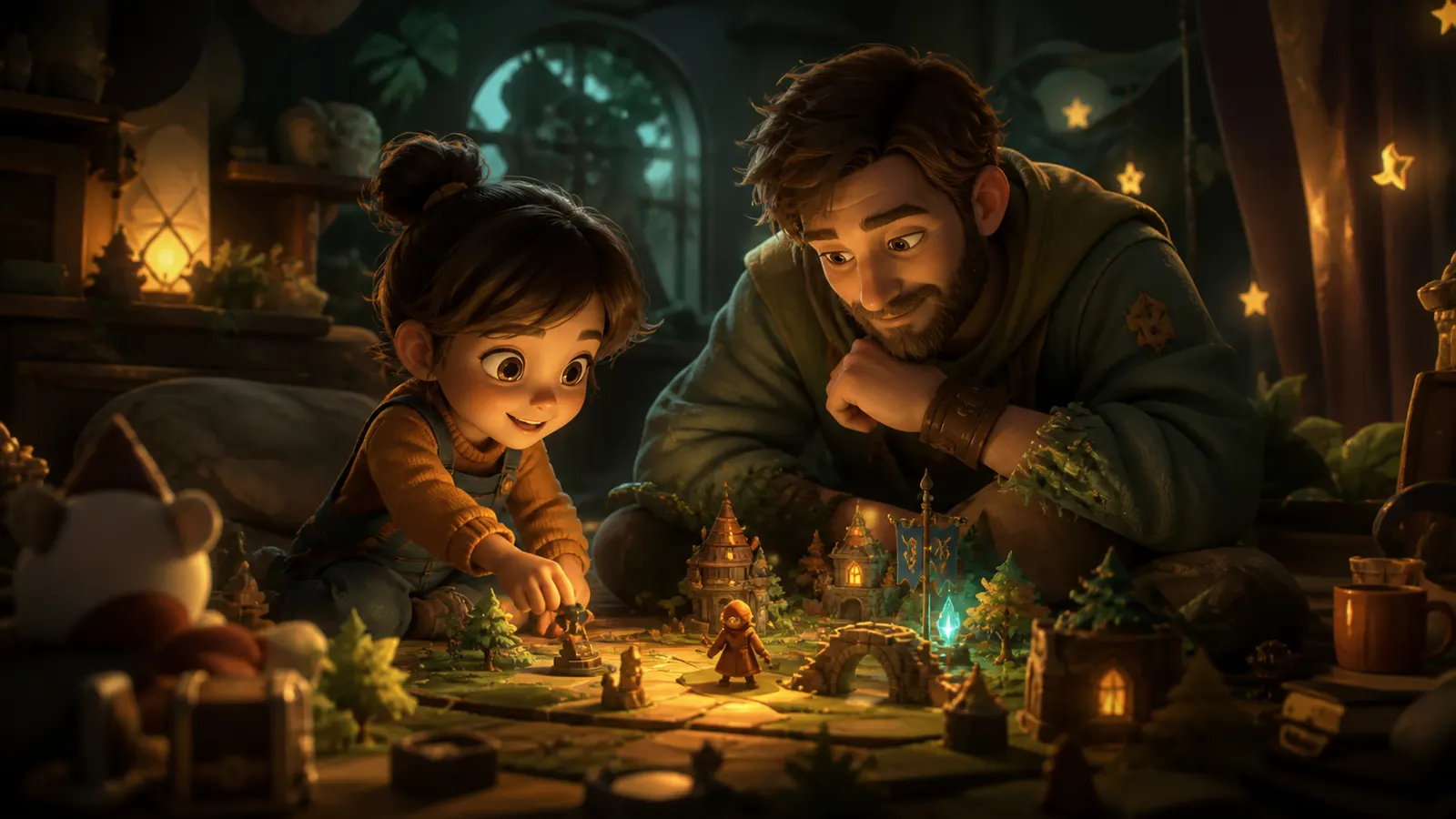 An illustrated father and small daughter playing the same miniature game world together.