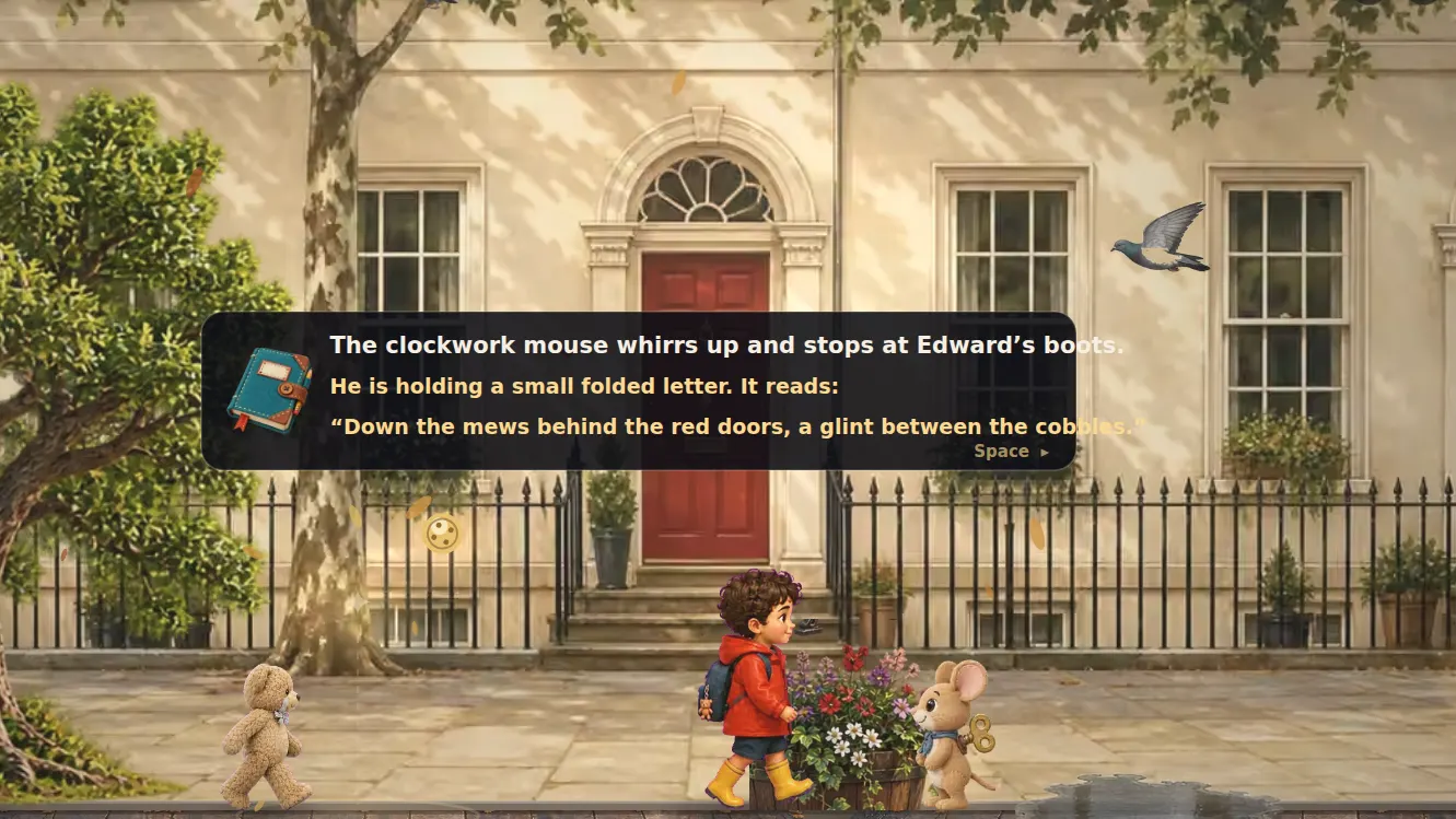 A painted Georgian terrace from the Edward and B Bear adventure, with railings and a pavement running across the foreground.