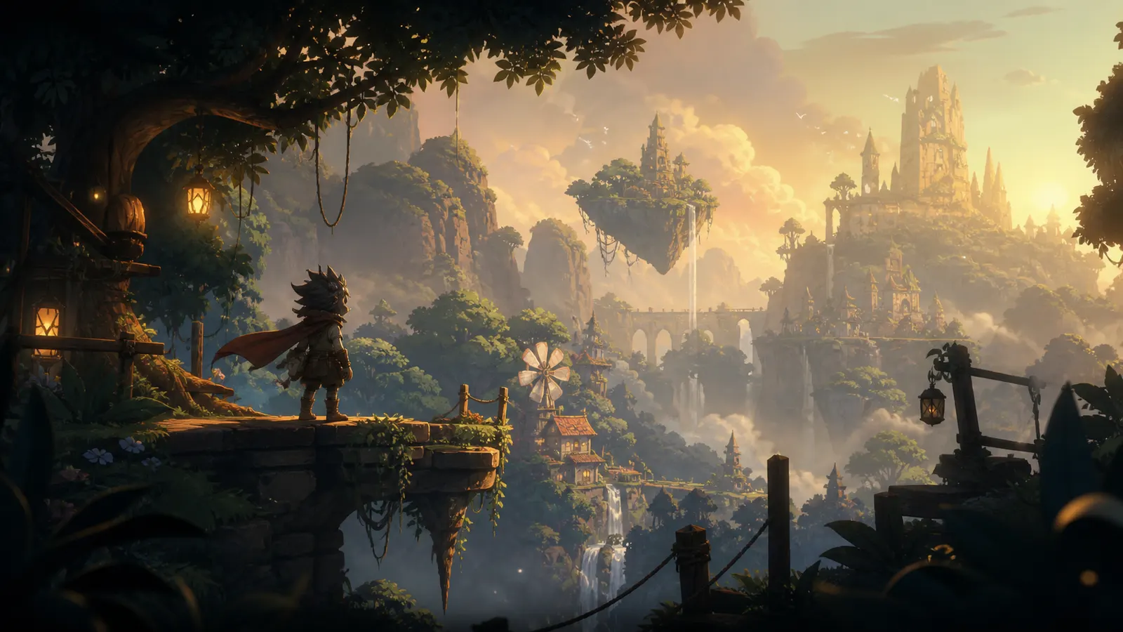 An illustrated character on a ledge with layers of landscape receding into mist behind them.
