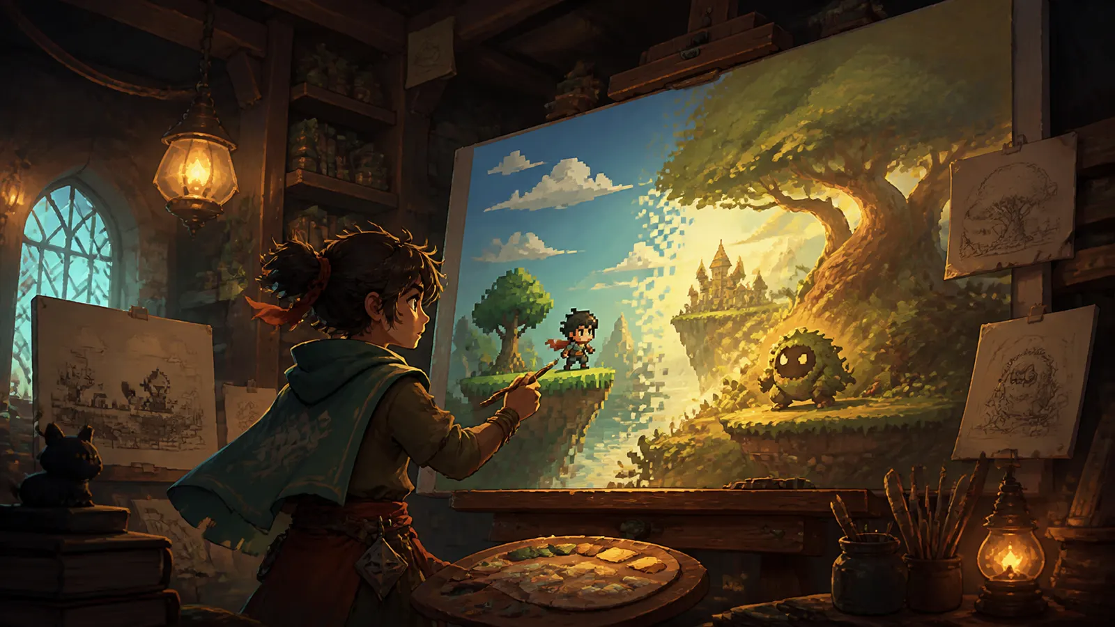 An illustrated artist painting a scene where pixel art on one side becomes painted art on the other.