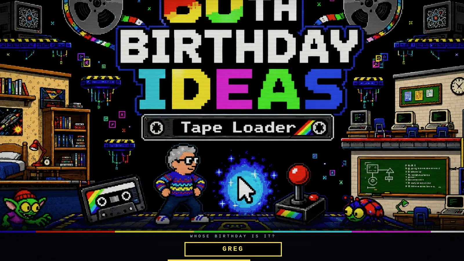 The pixel-art title screen of the Tape Loader 60th birthday game, with the birthday person standing between a cassette and a joystick.