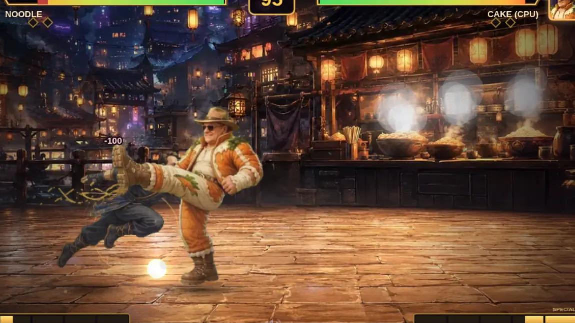 A fighter landing a kick on the tavern stage in Noodles, Cake & Elf, health bars across the top of the screen.