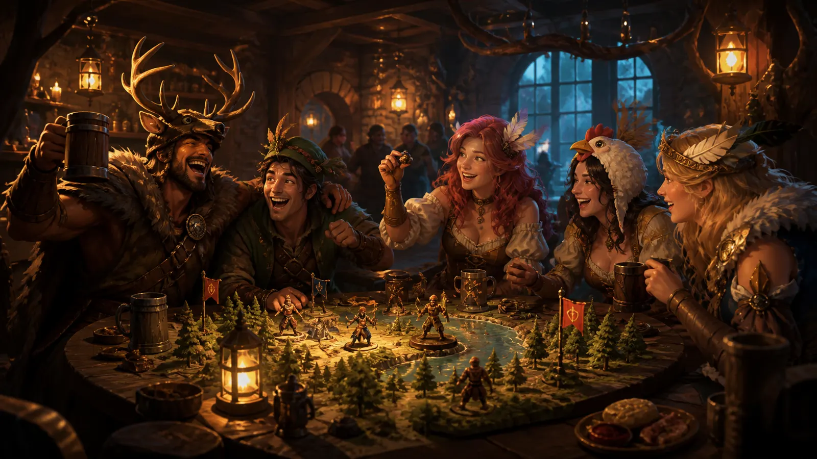 An illustrated group of friends laughing around a table at a party.