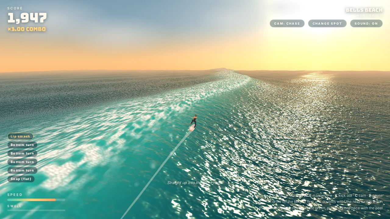 Painterly surf simulator gameplay from Golden Hour: World Surf, a commissioned birthday build.