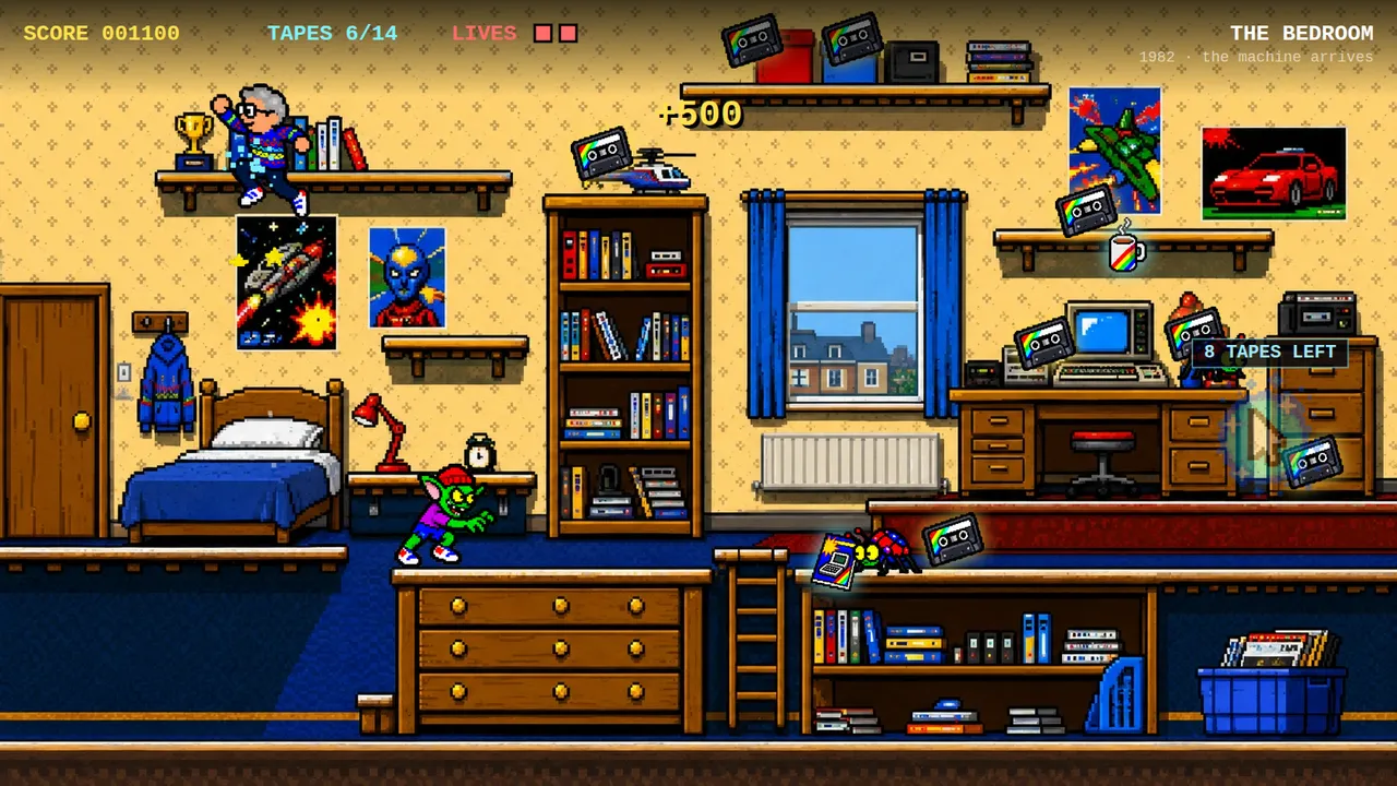 Gameplay in the bedroom level of the Tape Loader birthday game, with cassettes to collect on shelves and a score of 1100 points.