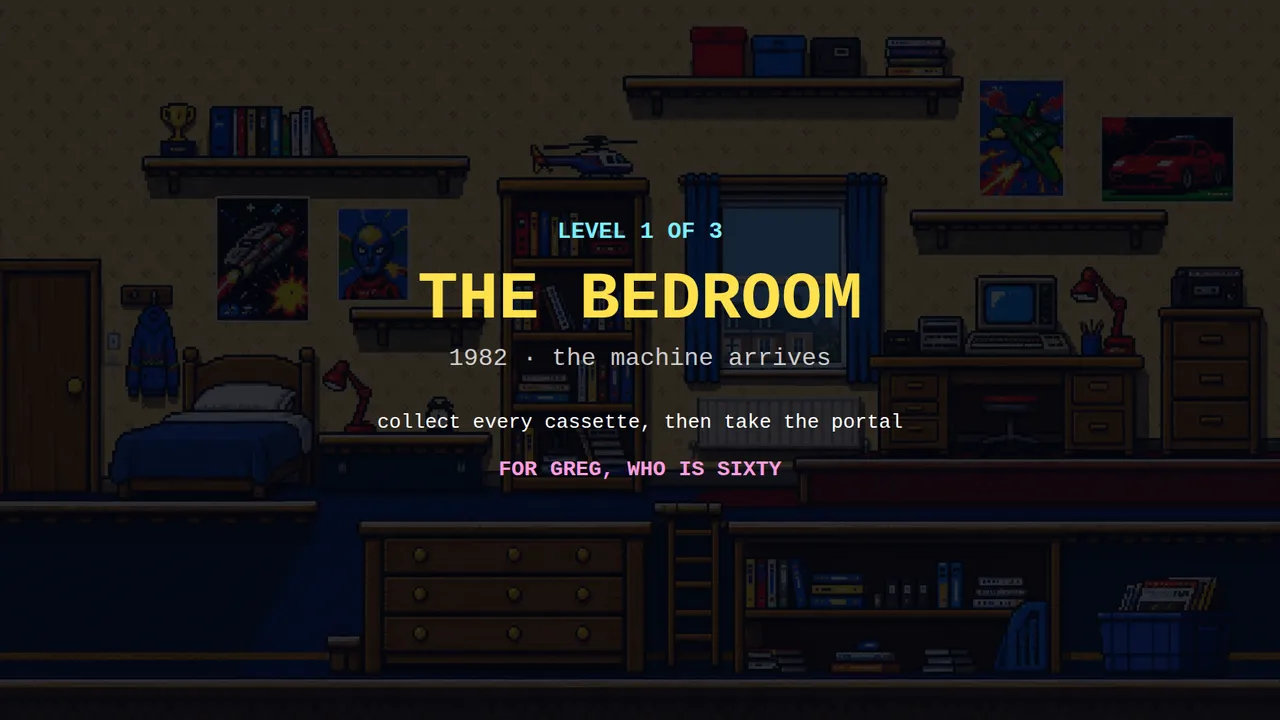 Level card from the Tape Loader birthday game reading Level 1 of 3, The Bedroom, 1982, the machine arrives.