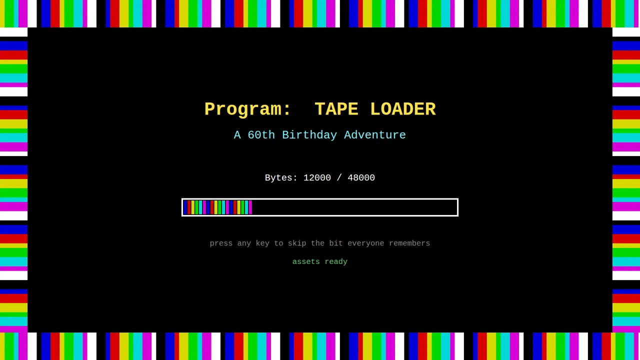 Cassette loading screen from the Tape Loader birthday game, showing colour-barred borders and a byte counter reading 12000 of 48000.