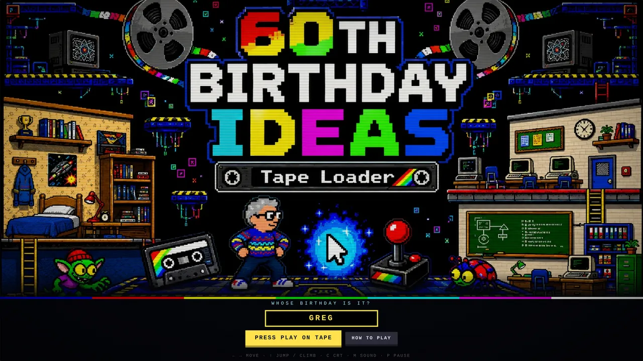 Title screen of the Tape Loader 60th birthday game, with pixel-art lettering reading 60th Birthday Ideas, a Tape Loader nameplate, and the birthday person standing between a cassette and a joystick.