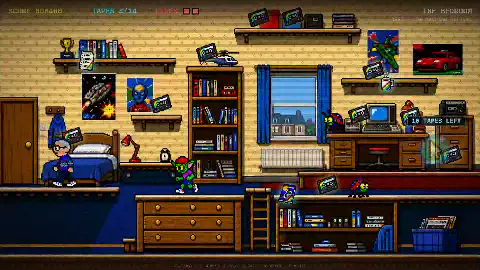 Animated clip of play in the bedroom level of the Tape Loader birthday game, collecting cassettes.
