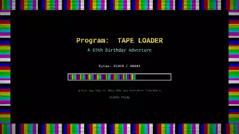 Animated clip of the cassette loading screen in the Tape Loader birthday game, with the byte counter climbing.