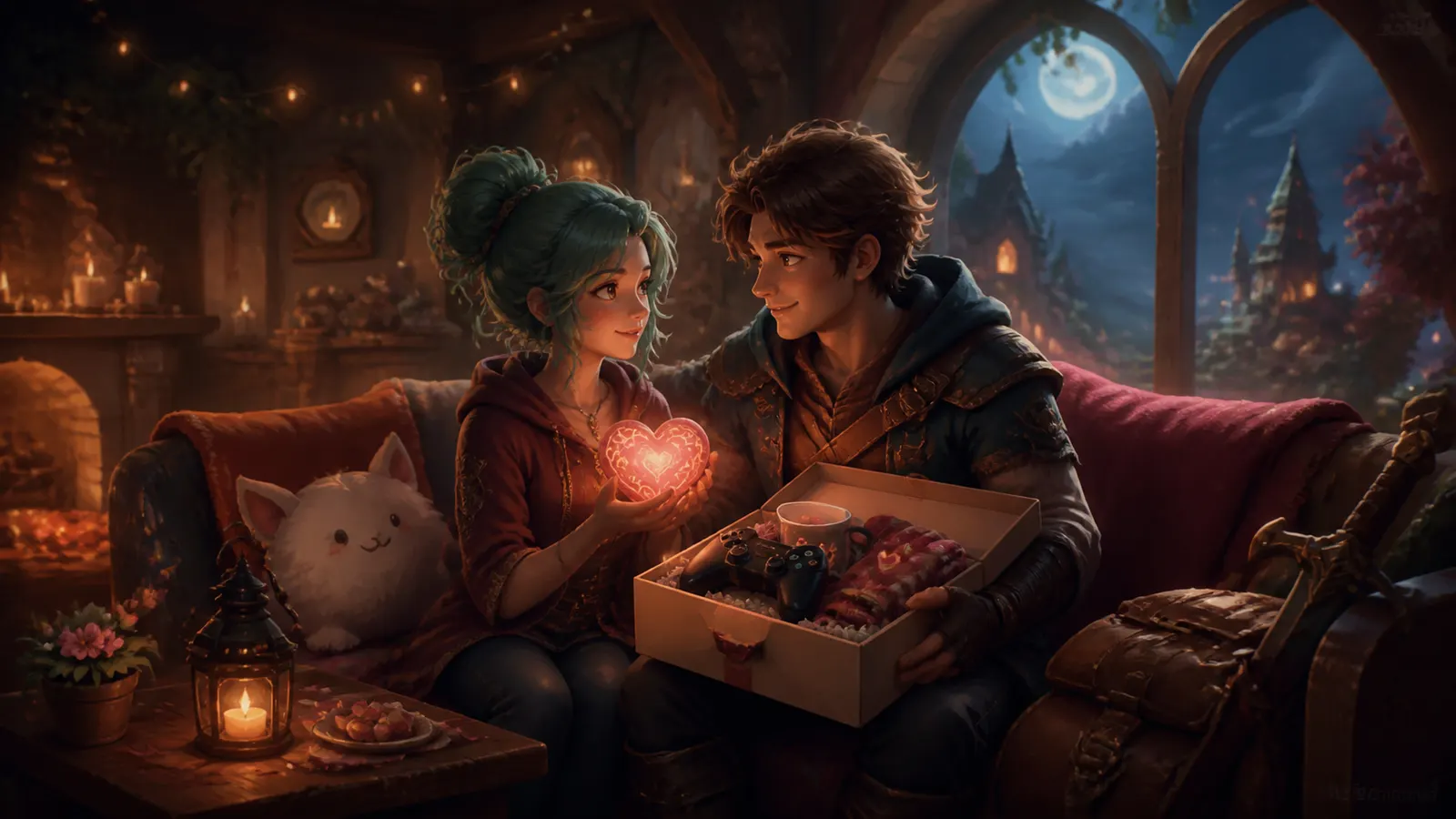 An illustrated couple on a sofa opening a box with a glowing red heart inside.