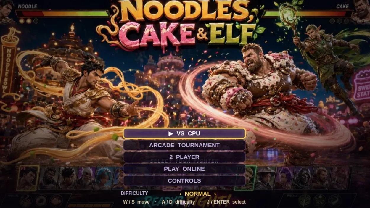 Title screen from Noodles, Cake & Elf, a commissioned ten-character fighting game.