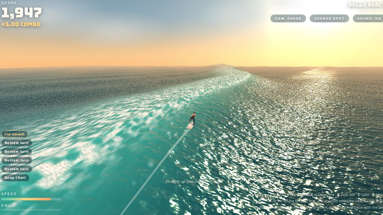 A hand-painted surf game mid-ride, with the board carving down the face of a wave.