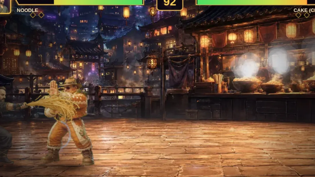 Two hand-painted fighters facing off in a commissioned fighting game, mid stance.