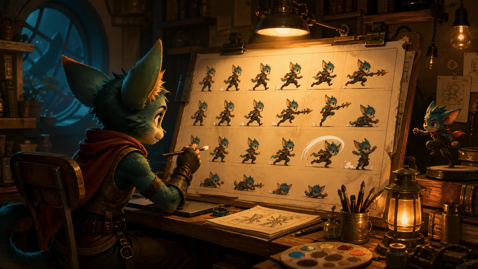 An illustrated artist working on a sheet of character sprites laid out in a grid.