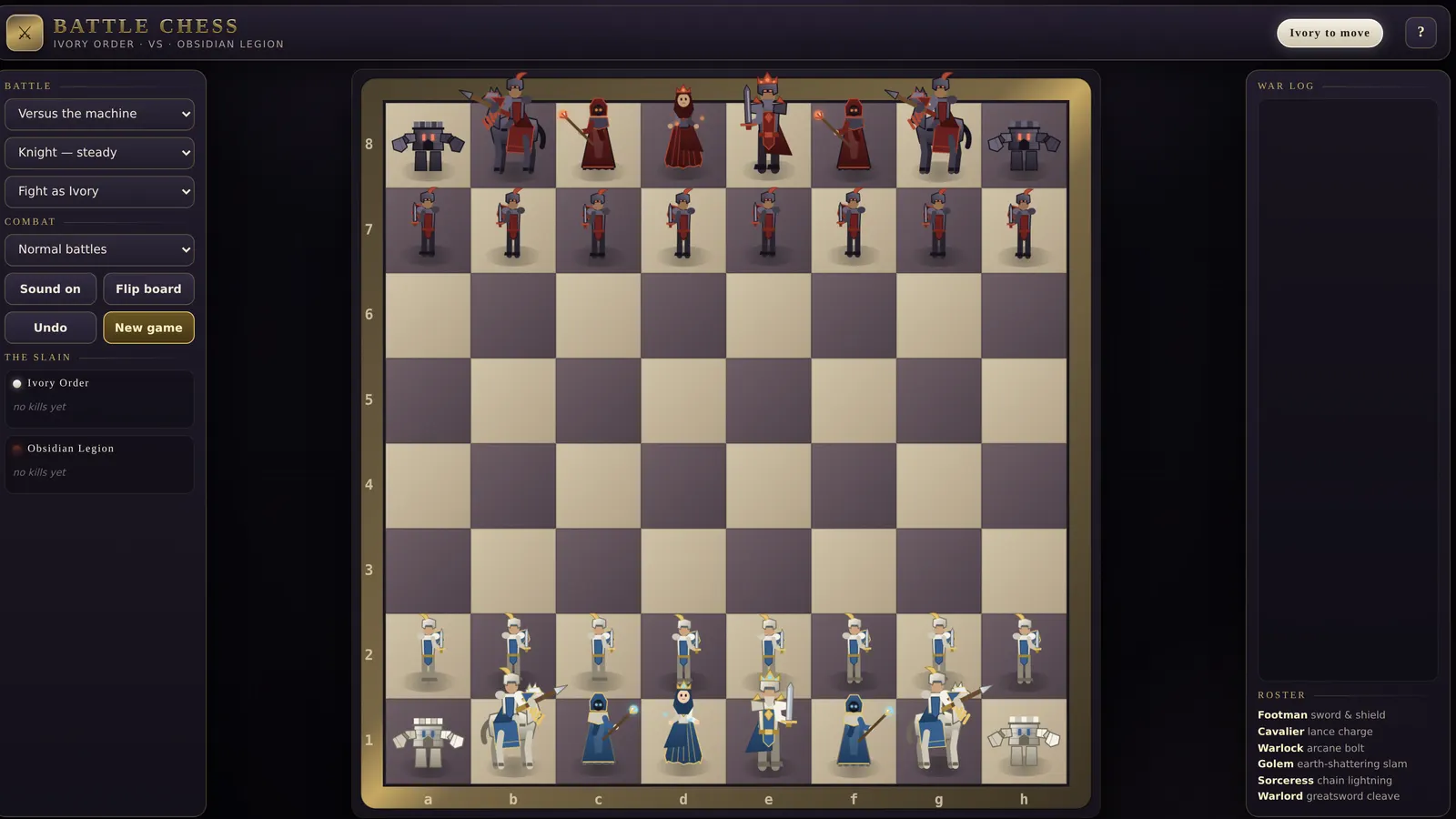 The opening position in Fighting Chess, with the two armies facing each other across a wooden board.