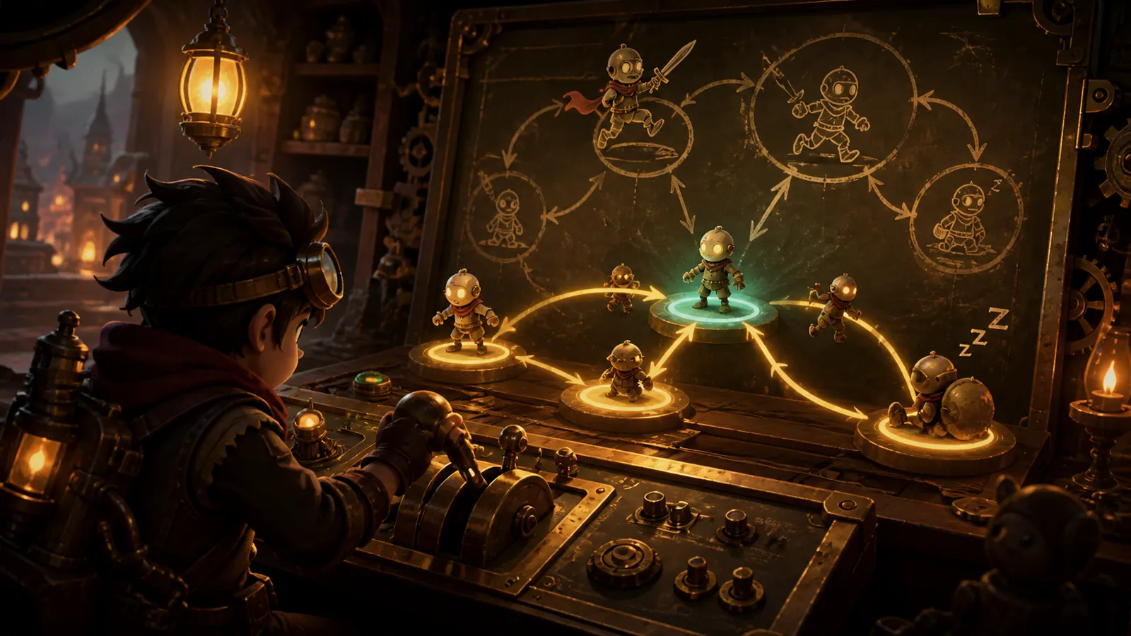 An illustrated developer at a console mapping the states a character can move between.