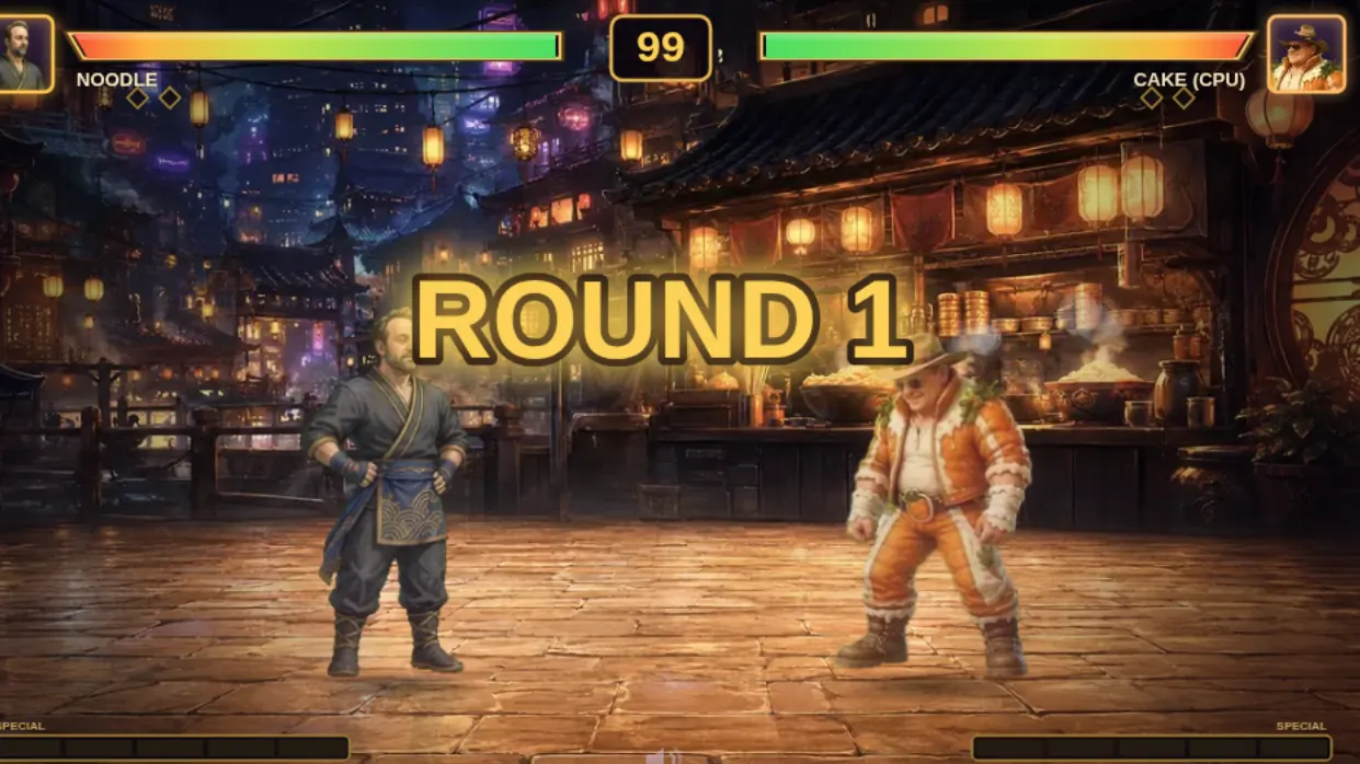 The round one screen of a commissioned fighting game, with two hand-painted fighters squaring up.