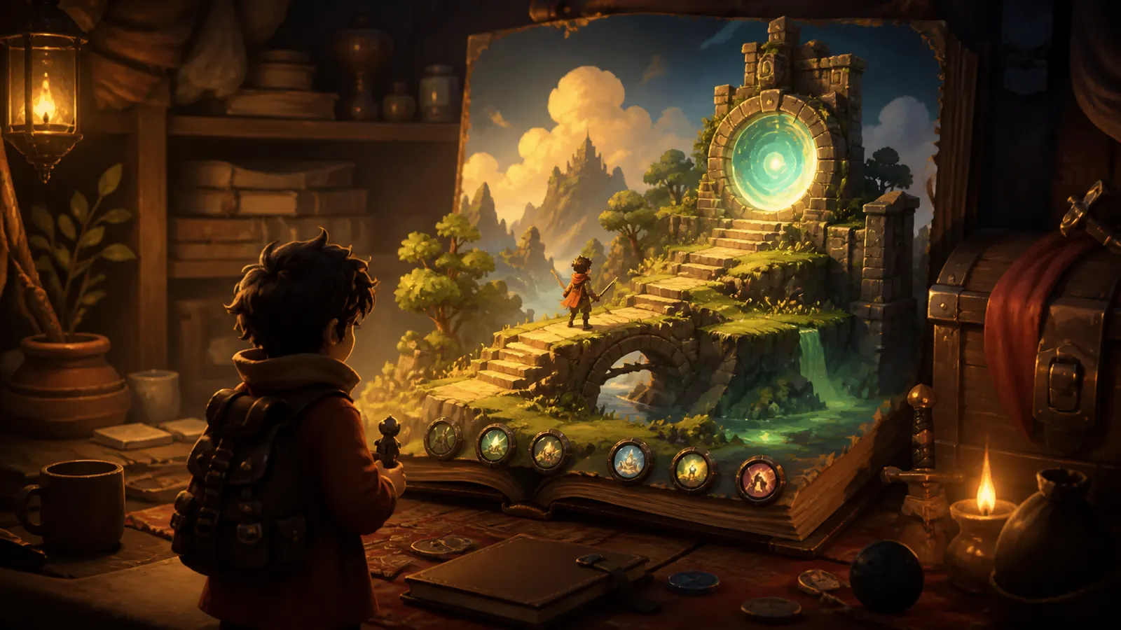 An illustrated child looking at a game world unfolding in layers, with icons to collect below.