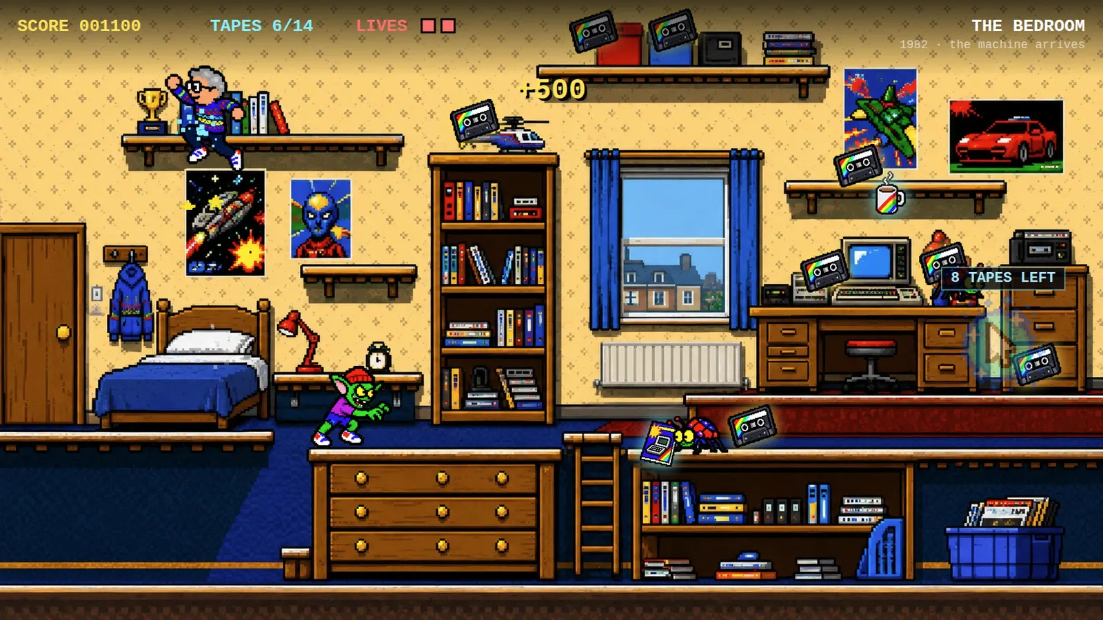 The bedroom level of the Tape Loader birthday game, with platforms, shelves of cassettes and the player mid-run.