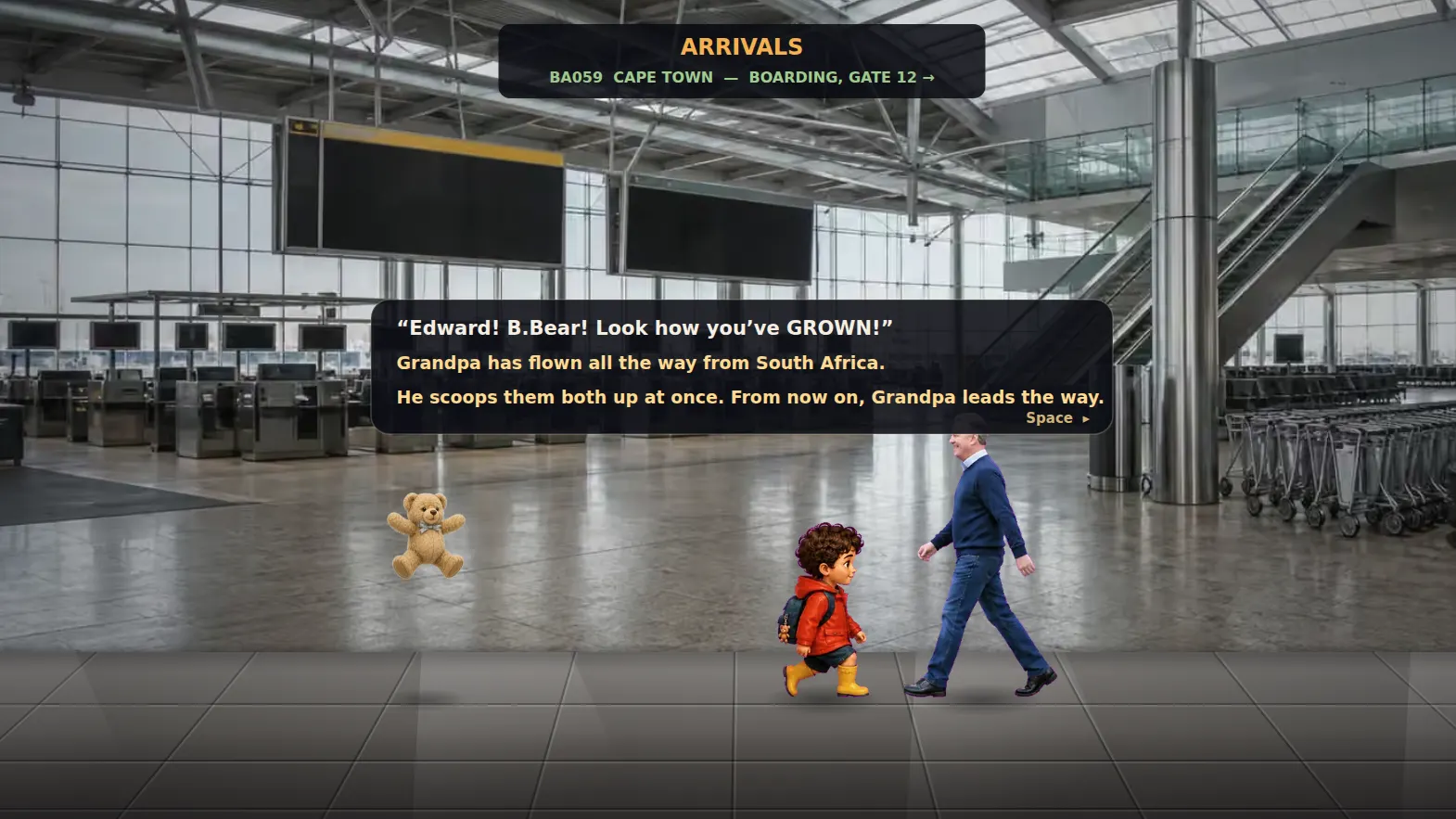 The painted Heathrow arrivals hall from the Edward and B Bear adventure.