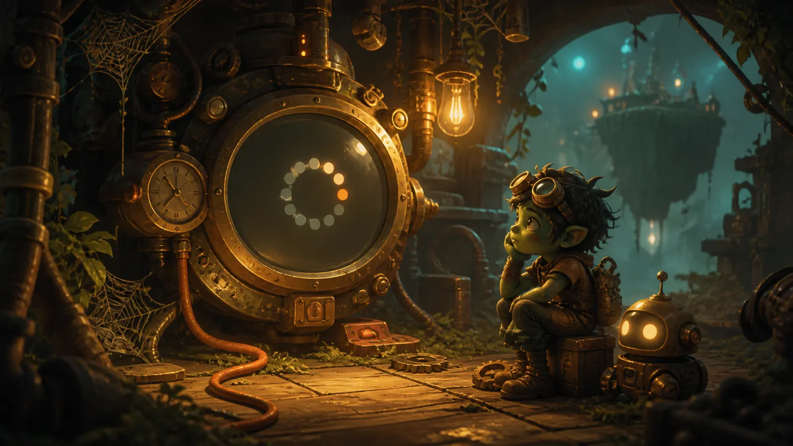 An illustrated character waiting beside a large loading dial as a game slowly loads.