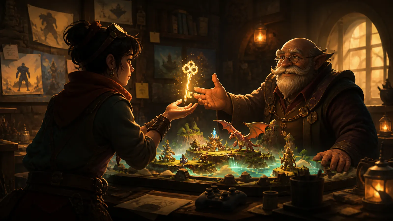 An illustrated developer handing a golden key across a finished game world to its owner.