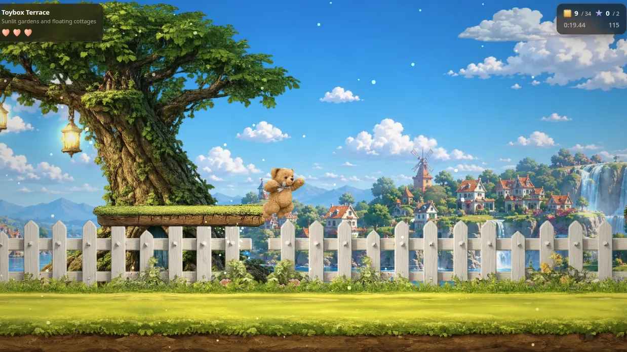 The treetop level of the B Bear platformer, with painted branches at several heights.