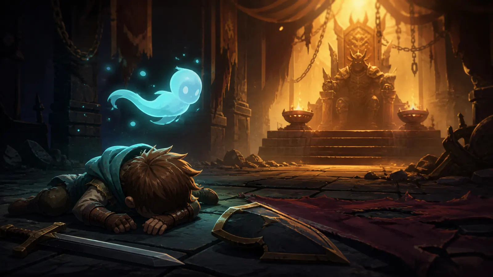 An illustrated character lying defeated before a throne room, a spirit drifting above them.