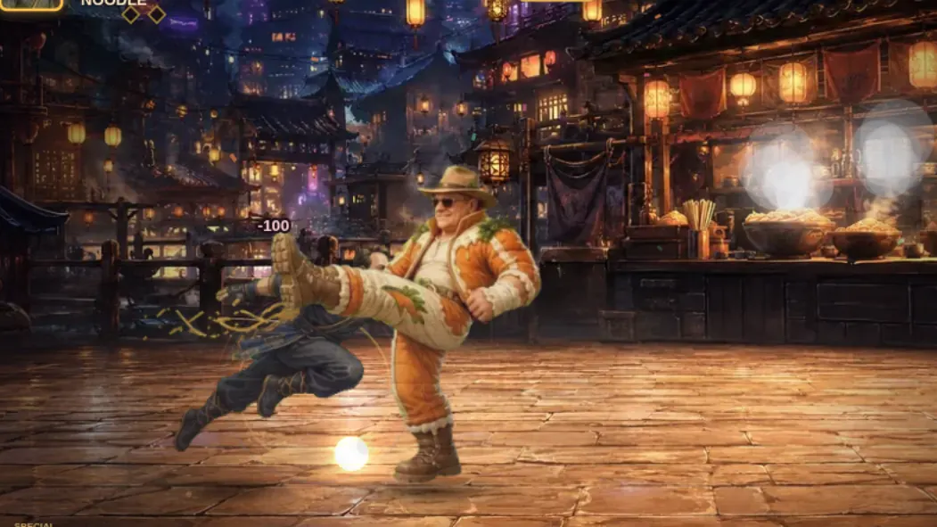 A hand-painted fighter landing a kick in a commissioned fighting game.