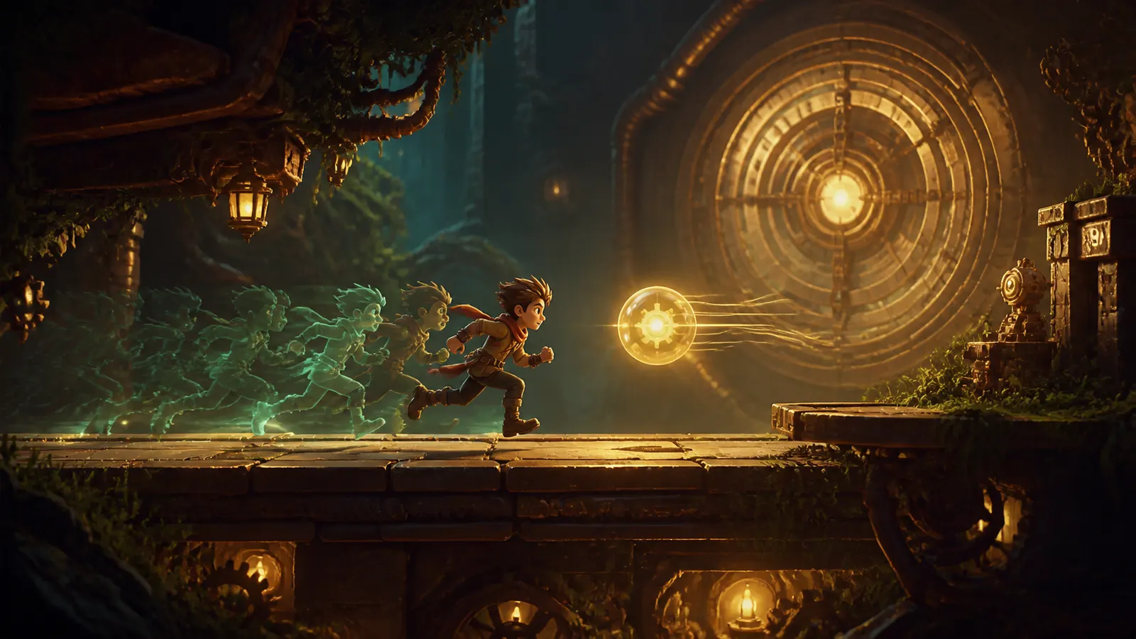 An illustrated character running towards a glowing dial marked out in frames.