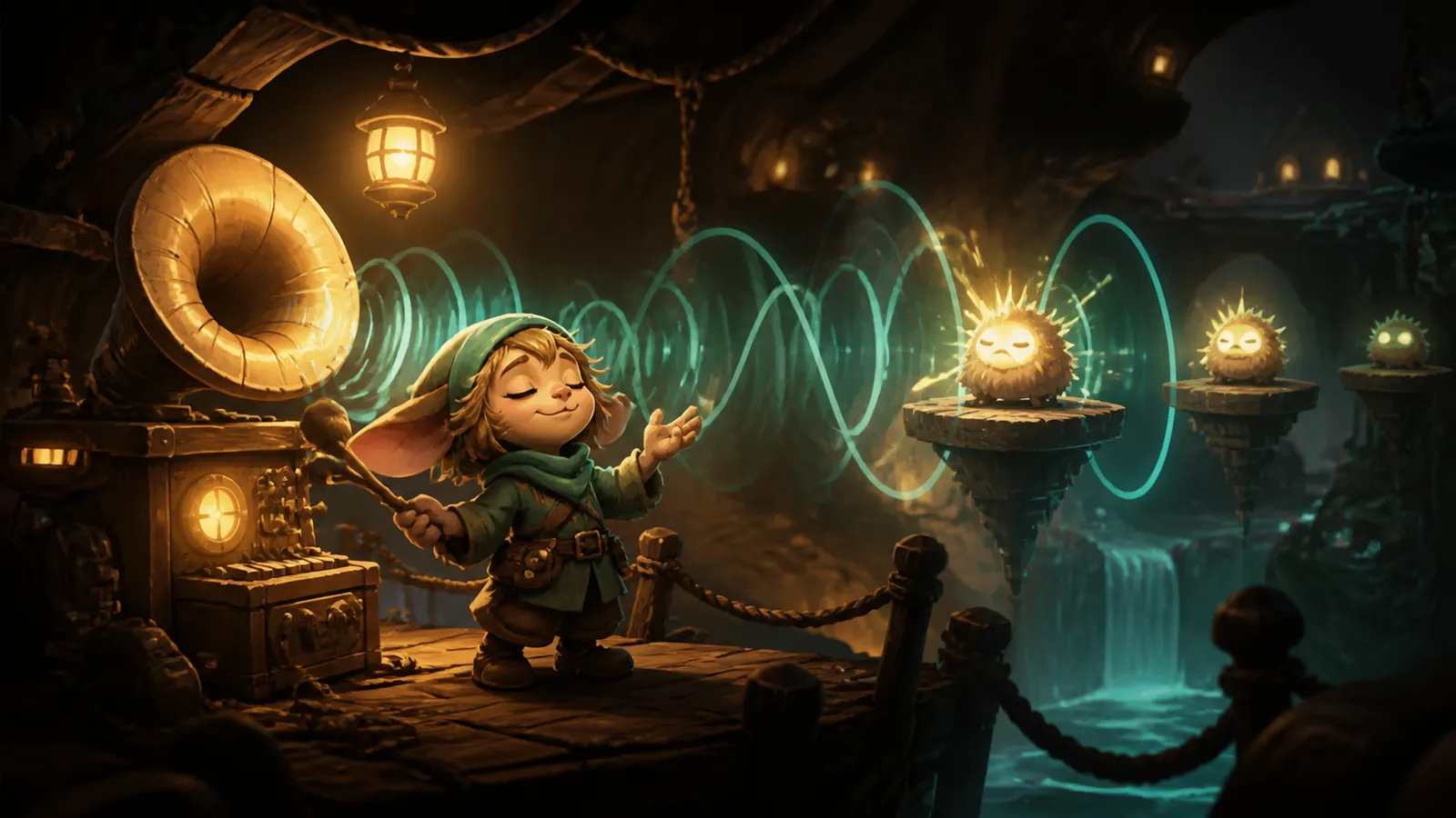 An illustrated character surrounded by sound waves of different lengths radiating from a gramophone.