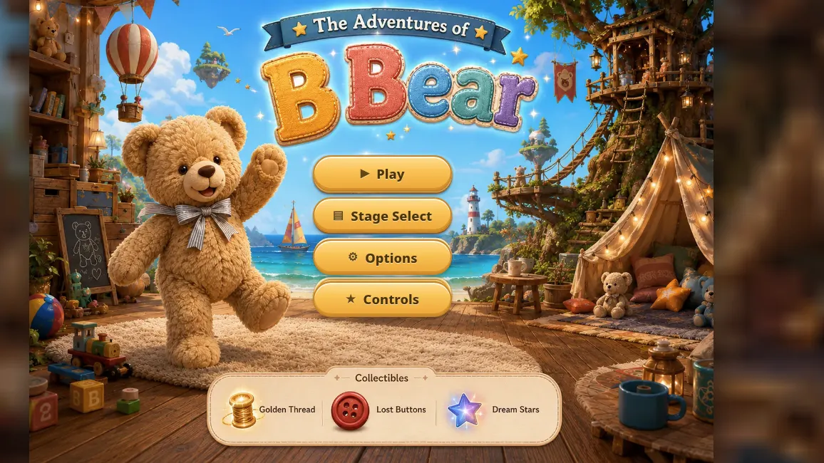 The title screen of the B Bear platformer, with the painted bear standing against a hand-drawn backdrop.