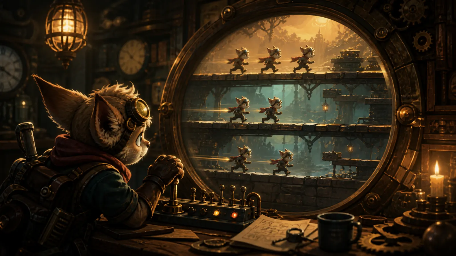 An illustrated developer watching identical character runs repeat in perfect step across a screen.