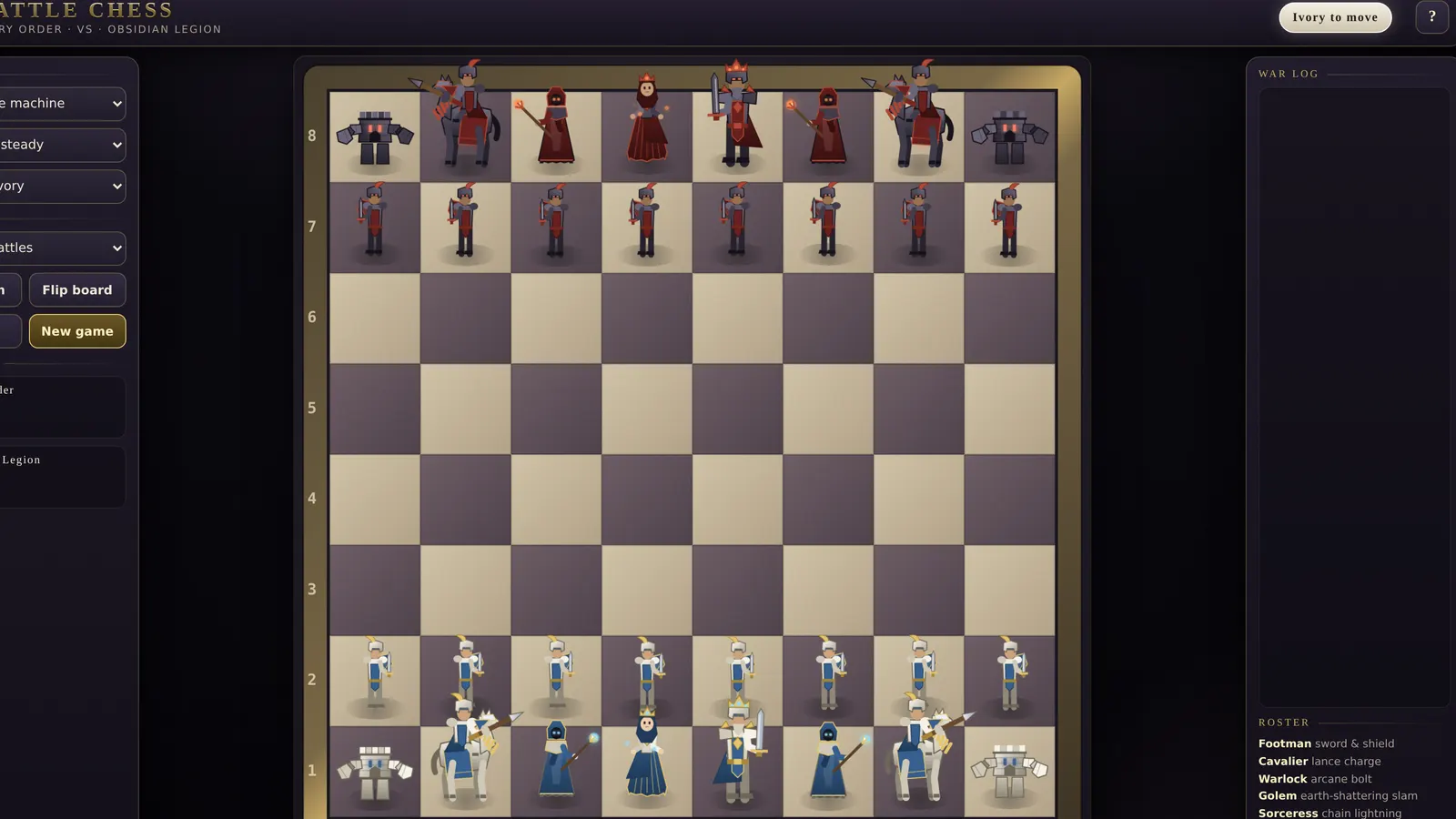 Opening position in Fighting Chess, with thirty-two pieces drawn entirely in code rather than painted.