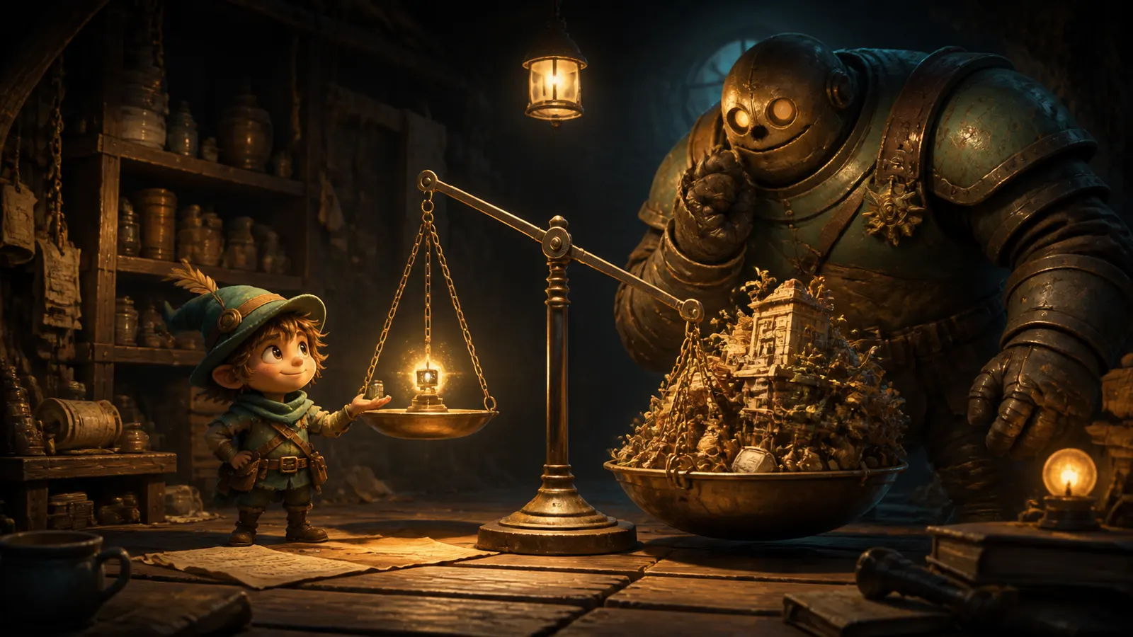 An illustrated figure weighing a tiny glowing game against a far larger one on a set of scales.